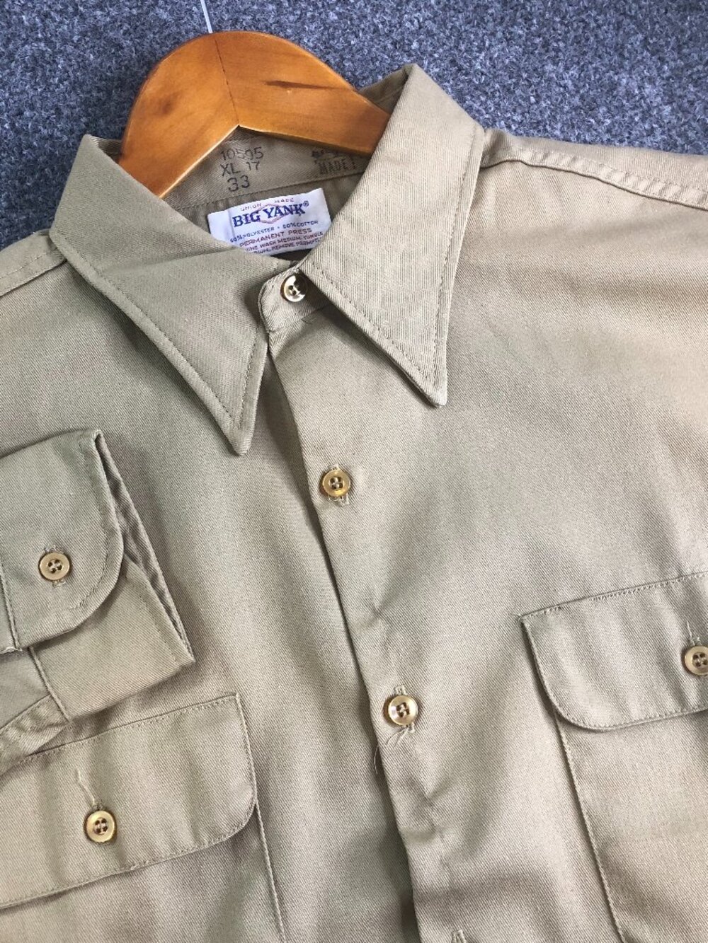 Vintage 60s Big Yank XL 17 33 Tan Long Sleeve Button Permanent Press Union Made